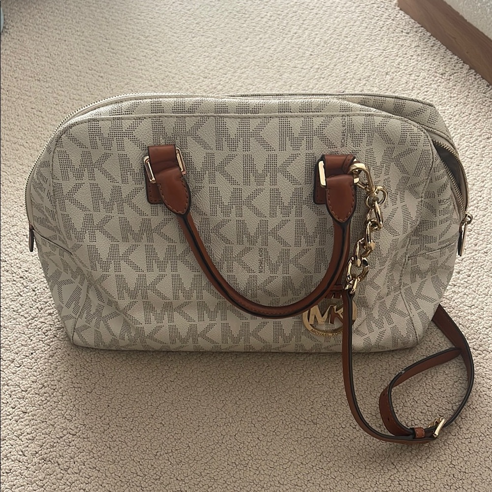 Michael Kors Cream and Brown Travel Bag with Signature Monogram